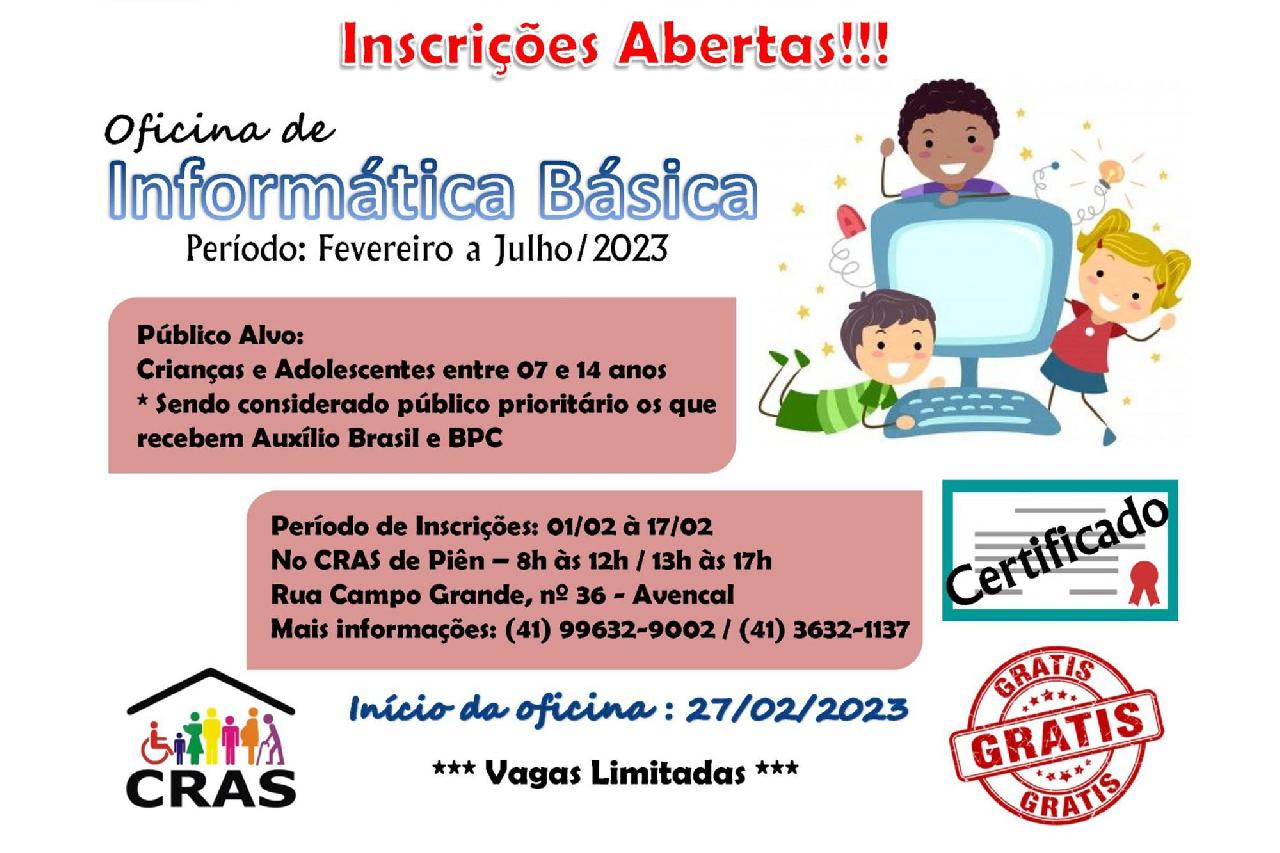 Estão abertas as inscrições para a oficina de informática no Cras