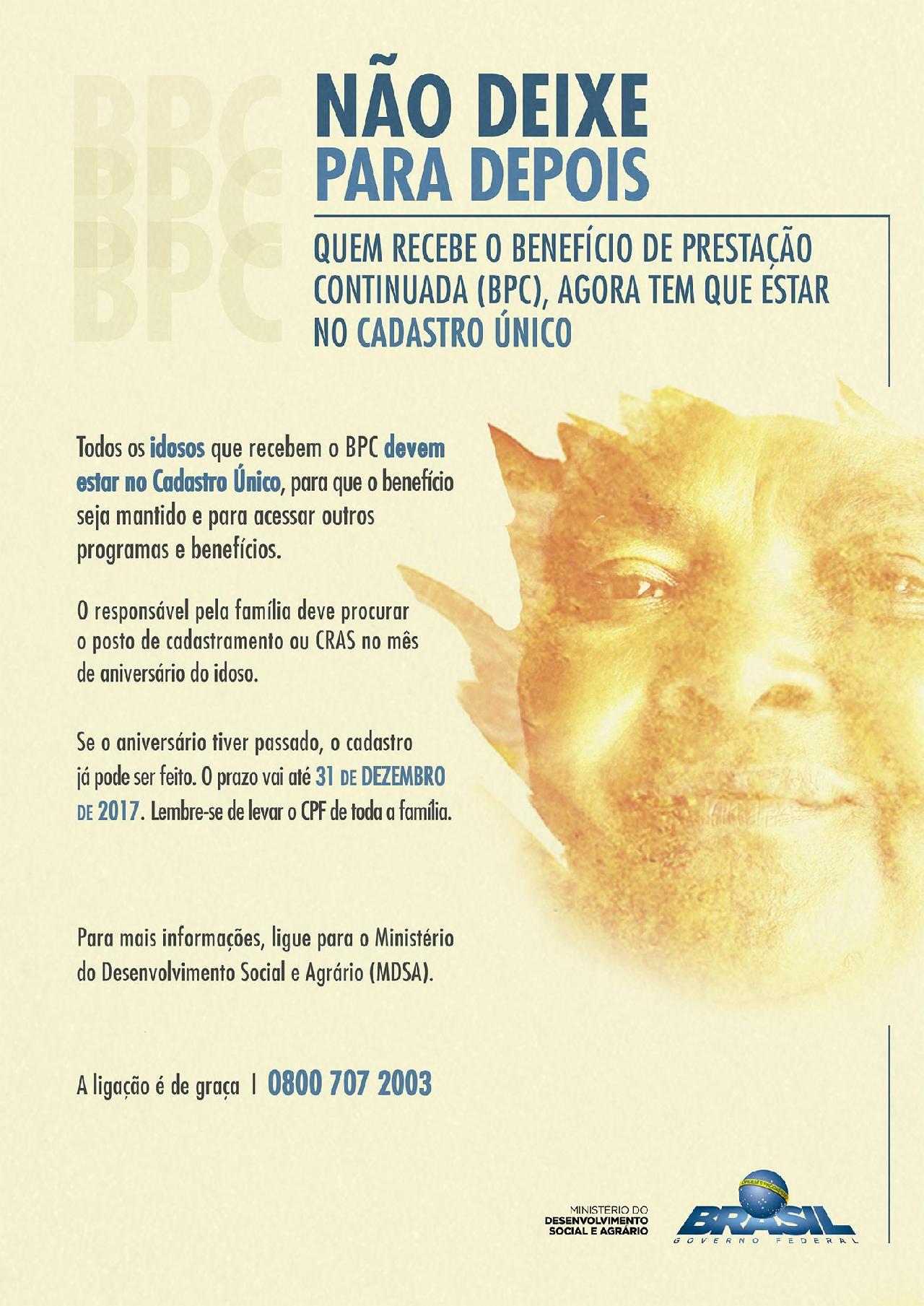 Idosos que recebem o BPC devem se inscrever no CadÚnico